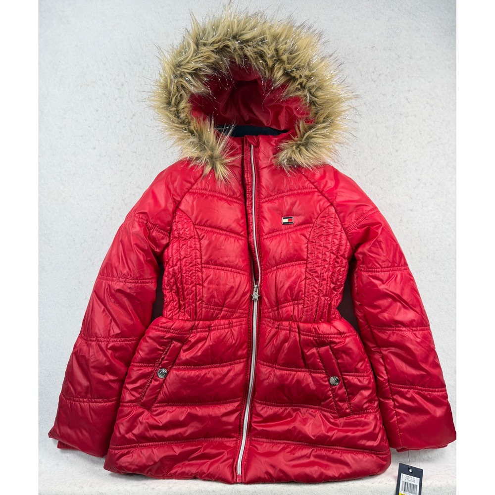 Tommy Hilfiger Girls Red Puffer Coat Faux Fur Hood Scarlet M 8/10 NWT